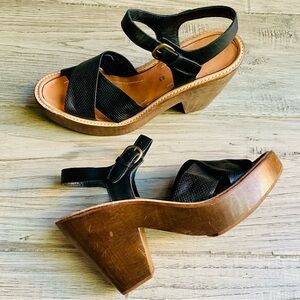 Rachel Comey Black Leather Cross-Strap Wedge Sandals with Wood Platform